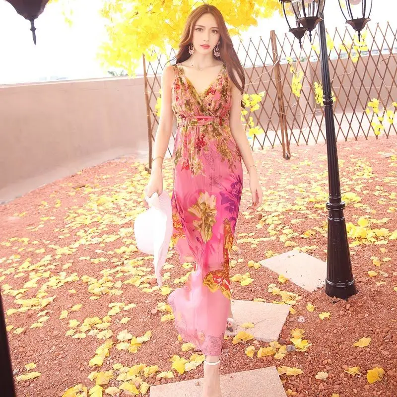 Сексуальное женское платье с v-образным вырезом длинное пляжное летнее розовые