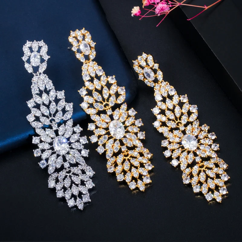 CWWZircons African Cubic Zirconia Paved Elegant Dangle Drop Indian Gold Long Wedding Bride Earrings for Women CZ649 | Украшения и