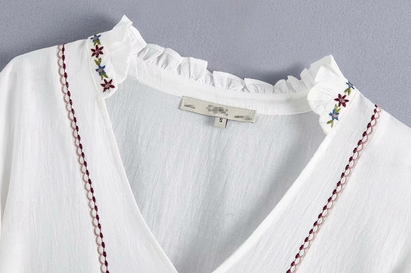 Everkaki Boho вышитые Хлопковые женские рубашки, футболки, топы, однотонные белые женские блузки с коротким рукавом, рубашки, женские топы Осень новинка