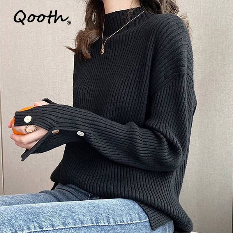 

Qooth Turtleneck Vintage Knitted Sweater Spring Winter Basic Striped Tops Women Blouse All-match Chic Button Blouses Top QT1193