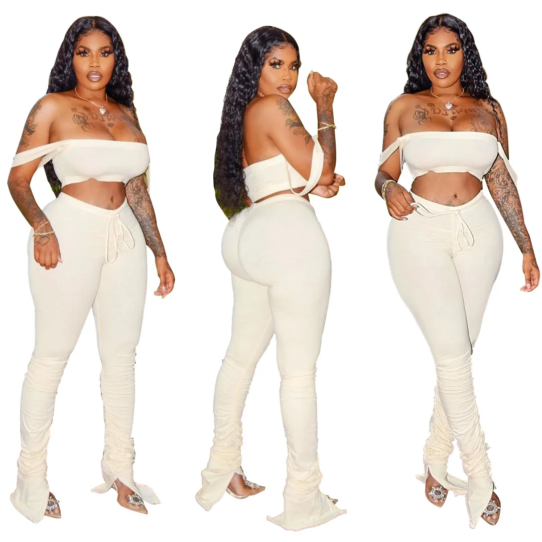 

Tracksuit 2020 Women 2 Piece Sets Summer Fitness Draped StraplessTops+Pants Suit Stacked Pants Matching Sets Outfits Plus Size