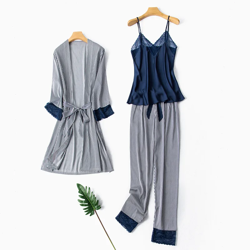 

Spring New Pajamas Set Women Navy Blue Striped Sleepwear Robe Suit Sexy Lace Trim Kimono Bathrobe Gown Thin Silky Satin Homewear
