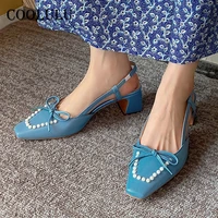 coolulu genuine leather slibacks shoes women bow square toe high heels thick heel pumps pearl dress footwear female spring beige