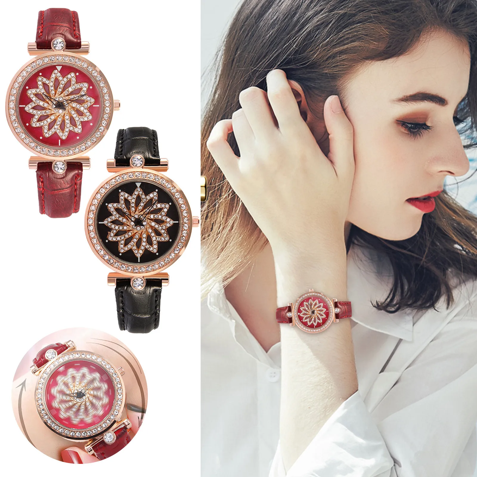 

Women Watch Luxury Rotating Flower Diamond Watches Ladies Casual Leather Band Quartz Wristwatch Female Clock zegarek damski