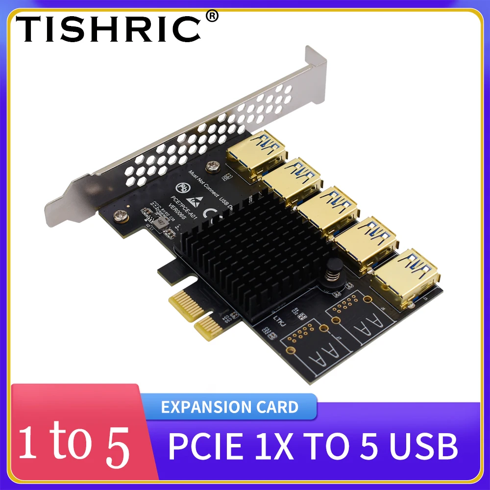 

TISHRIC PCIE 1X to 5 Ports USB Expansion Card PCI-E Riser PCI Express Multiplier PCIE Splitter USB HUB Riser Card For BTC Mining