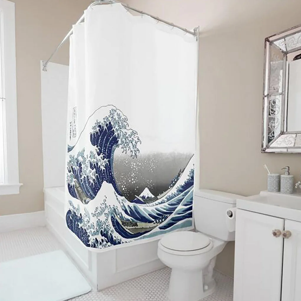 Japanese Style Shower Curtain Waterproof Sea Wave Mould Resistant  Thickened Protect Privacy Digital Printing Bathroom Drape