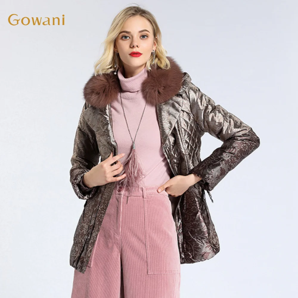 Gowani Real Fur Collar Printed Brown Belted Duck Down Jacket Women Winter Casual Elegant Vintage Coat