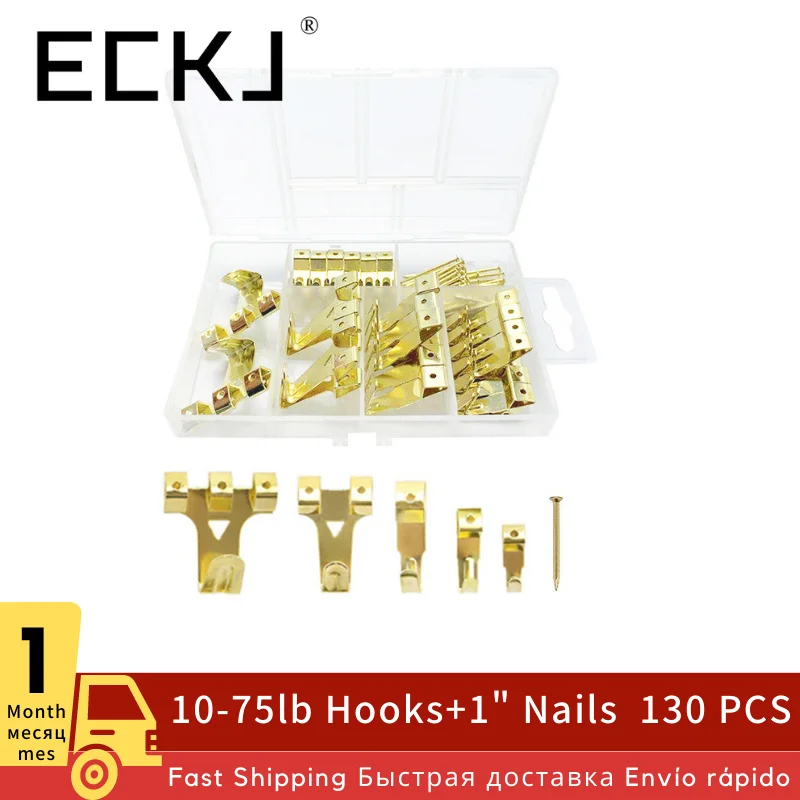 

ECKJ 130pcs Heavy Duty Picture Hanging Kit with Nails, Photo Hooks Painting Hanger Professional Assorted Set from 10-75lb (Gold)