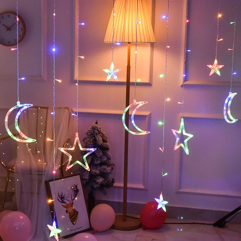 battery operated led star moon fairy curtain string lights christmas garland outdoor for home wedding party garden window decor free global shipping