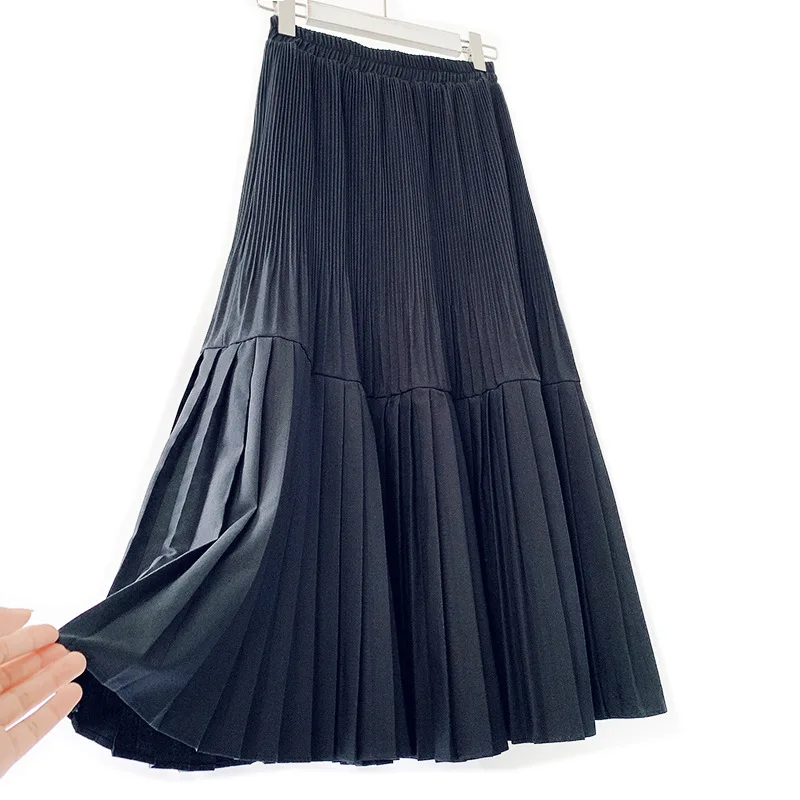Stitching pleated skirt female mid-length 2019 winter new style high waist was thin A-line temperament bottoming | Женская одежда