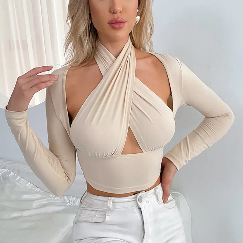 

Halter Sexy Strapless Wrap Crop Tops Women Fashion Long Sleeve Beige Bandage Cross Cutout Wrapped Hollow Out Slim Fit Vest Tops