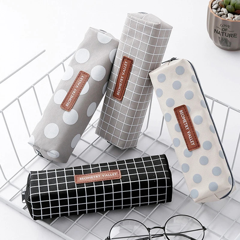 

Kawaii Creative Canvas Pencil Case High Capacity Pen Bags Cute Lattice Letter Pencil Bag School Supplies Korean Stationery