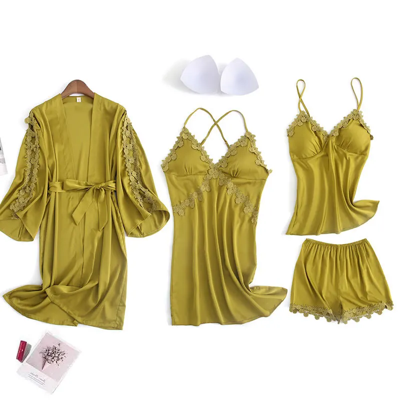 

Женская пижама Новая женская удобная домашняя одежда атласная шифоновая тонкая пикантная ночная рубашка из четырех частей для весны и лета