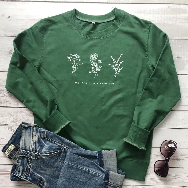 green-white text Никакой дождь не толстовки с цветочным рисунком Винтаж 80s Стиль Цветочный Принт толстовки осень Для женщин стиле джемпер с графическим рисунком, пуловер, одежда для улицы - Цвет: green-white text