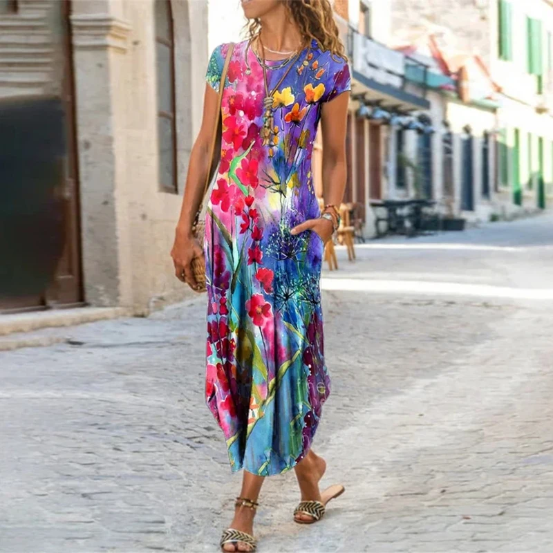 

Elegant Women Maxi Dress 2022 Autumn O Neck Short Sleeve Sundress Office Lady Party Dress Female Print A-Line Long Dress Vestido
