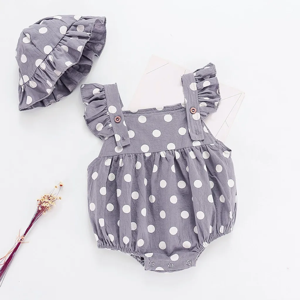 

2021 Baby Girls Sleeveless Ruffles Dot Print Romper Bodysuit+hat Sets Summer Toddler Kids Children Cotton Clothing Set#e1