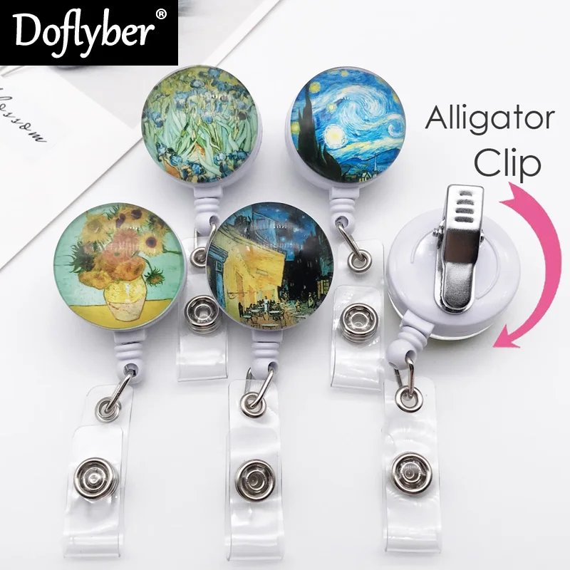 

Fashion Van Gogh Starry Night Sunflowers Retractable Nurse Badge Reel IC ID Card Badge Holder with Alligator Clip
