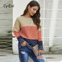 cyiexi warm knitted pullover sweater women color block netted texture o neck long sleeve sweaters female casual brief outwear xl