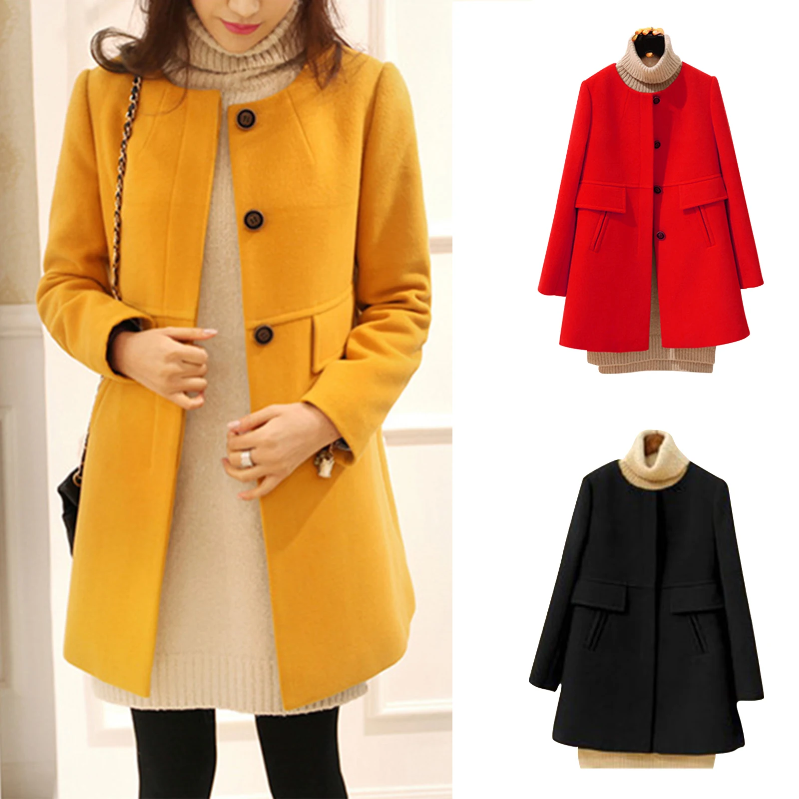 

Solid Women Jackets Coats Single Breasted Full Sleeve Round Neck Wools Pocket Wid-waisted Lady Korean Style Blends Plus Size 5XL