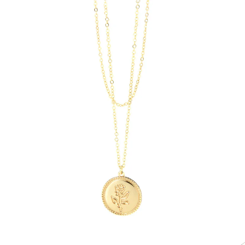 

Round 2-Layer Pendant Necklace for Women Simple Alloy Gold Coin Long Necklace Rose Flower Collar Female Jewelry Wholesale