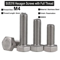 20pcs10pcs m4 sus316 stainless steel hexagon head screws with super long full thread din933 thread length 6mm40mm