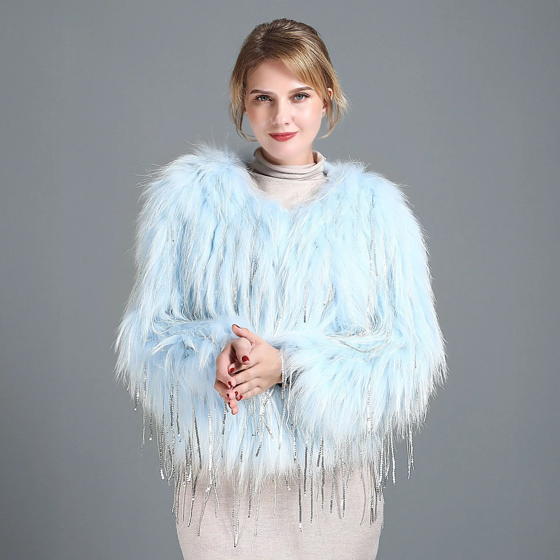 Пальто Обхват груди Размер 100 см с кисточками из меха енота куртка Сплетенный