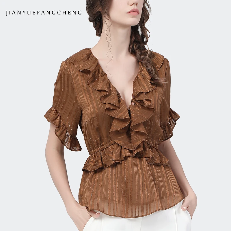 Блузка шифоновая женская с коротким рукавом и оборками черная в полоску