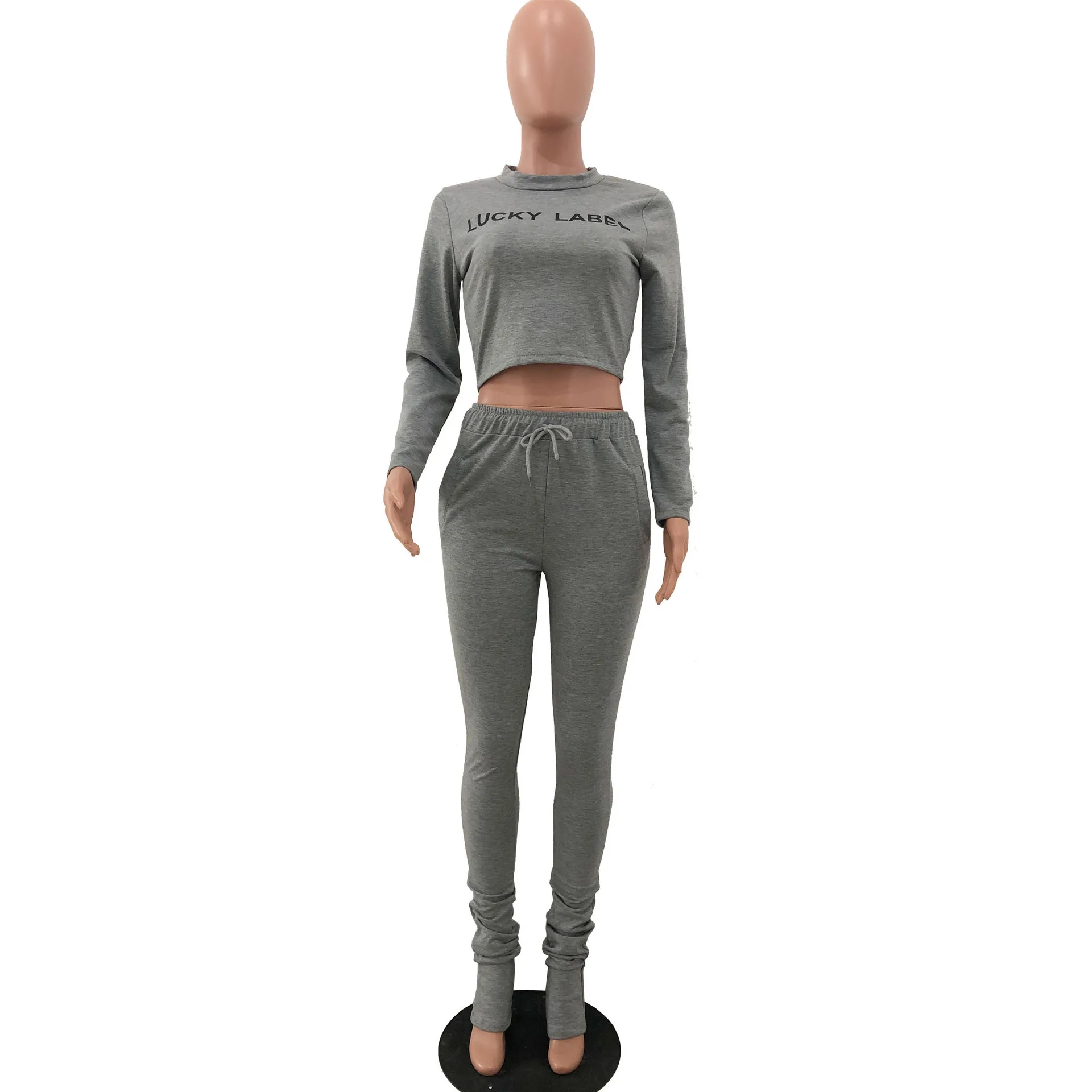 

2021 Sprint Long Sleeve Letter Print Crop Top T-shirt Pleated Stacked Long Pants Two Piece Set Work Out Tracksuit Matching Set