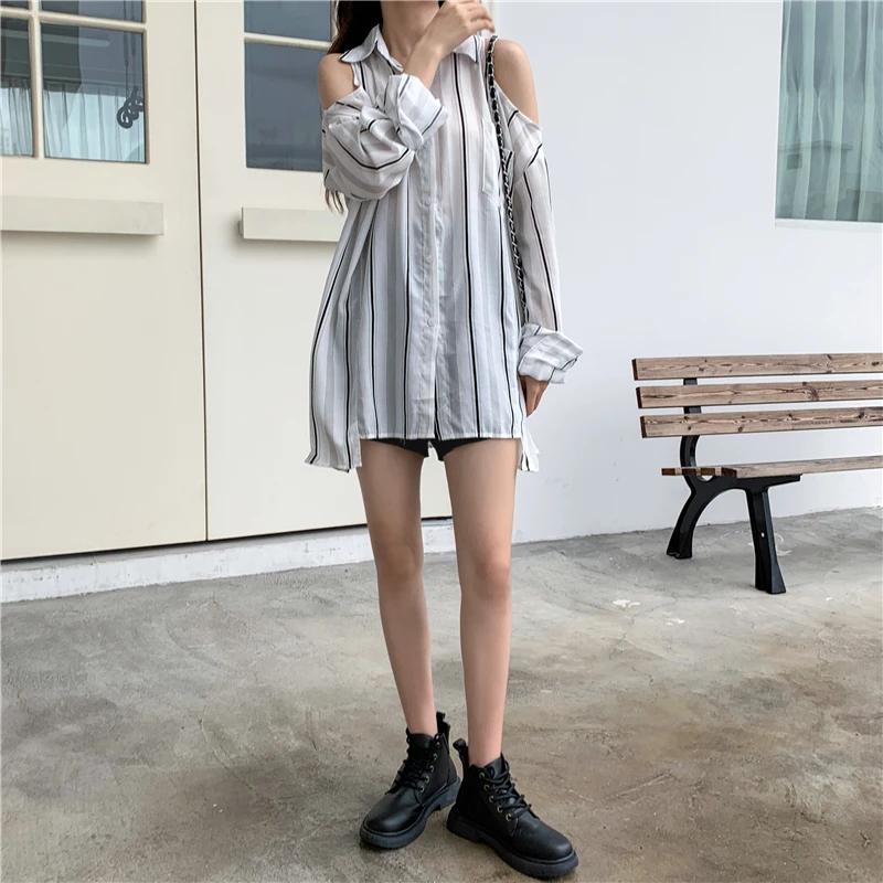 

COIGARSAM Full Sleeve Shirt Womens tops Summer Women shirts White Blue 348