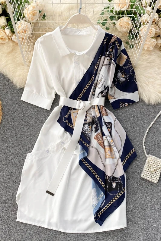 

Lightly Mature Women's Shirt Women's Design Sense Niche Irregular Satin Print Stitching Temperament Short Sleeve Dress