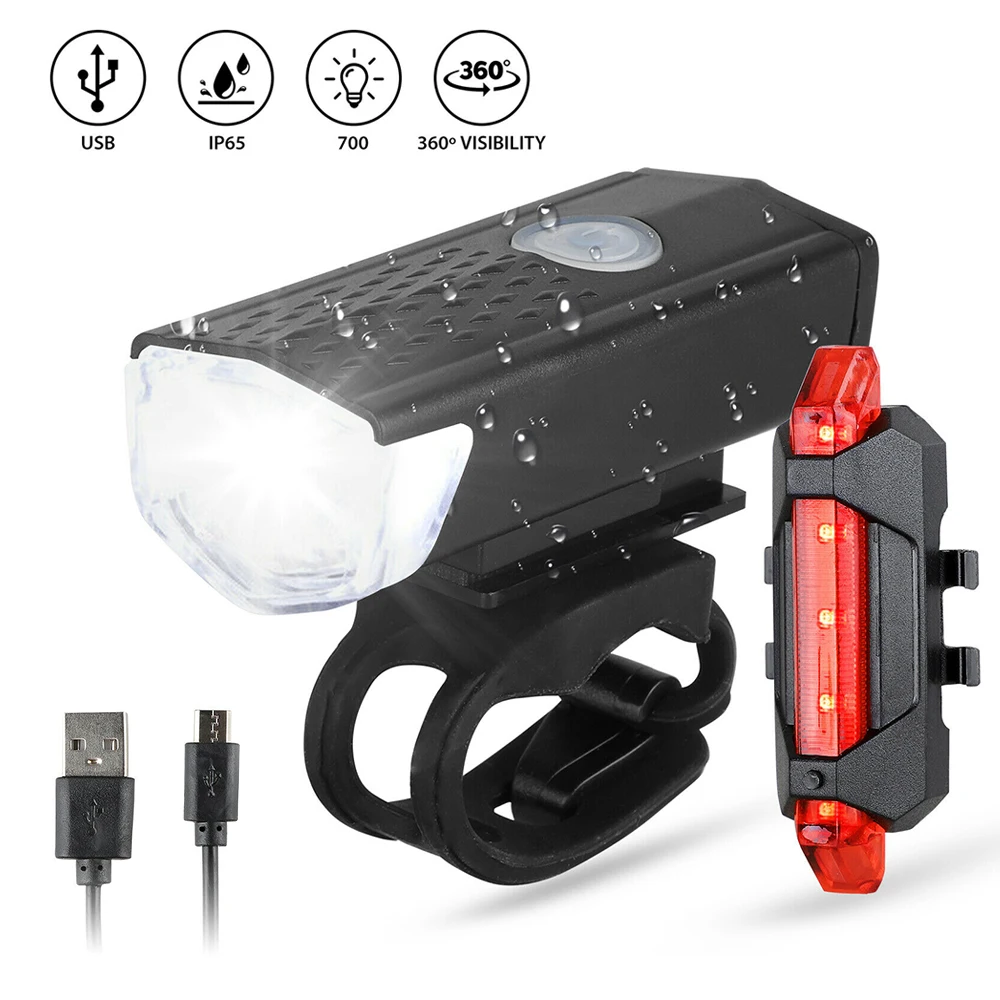 

Bike Light USB Rechargeable 300 Lumens Bicycle Light LED Front Headlight Rear Taillight Cycling Flashlight Warning Light