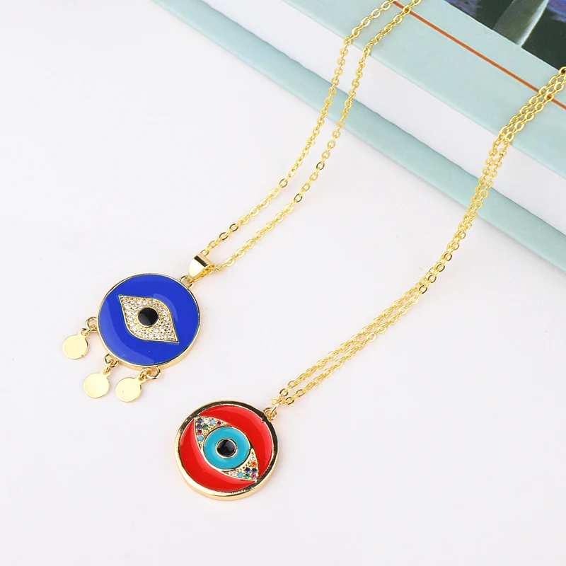 Круглое ожерелье с турецким злым глазом на монету, радужные кубические цирконии, красный и синий подвеска, модные ювелирные изделия, женские аксессуары