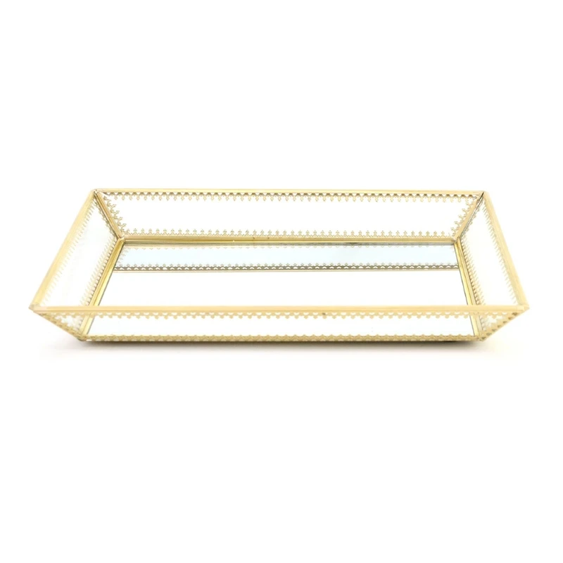 

Rectangle Gold Mirror Jewelry Organizer Tray Glass Metal Makeup for Bathroom 066C