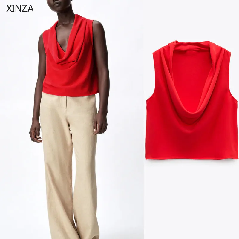 

2021 Za Red Flowy Summer Blouse Women Vintage Sleeveless Draped Blouses Fashion Ruching Shirt Casual Woman Top Blusa Mujer