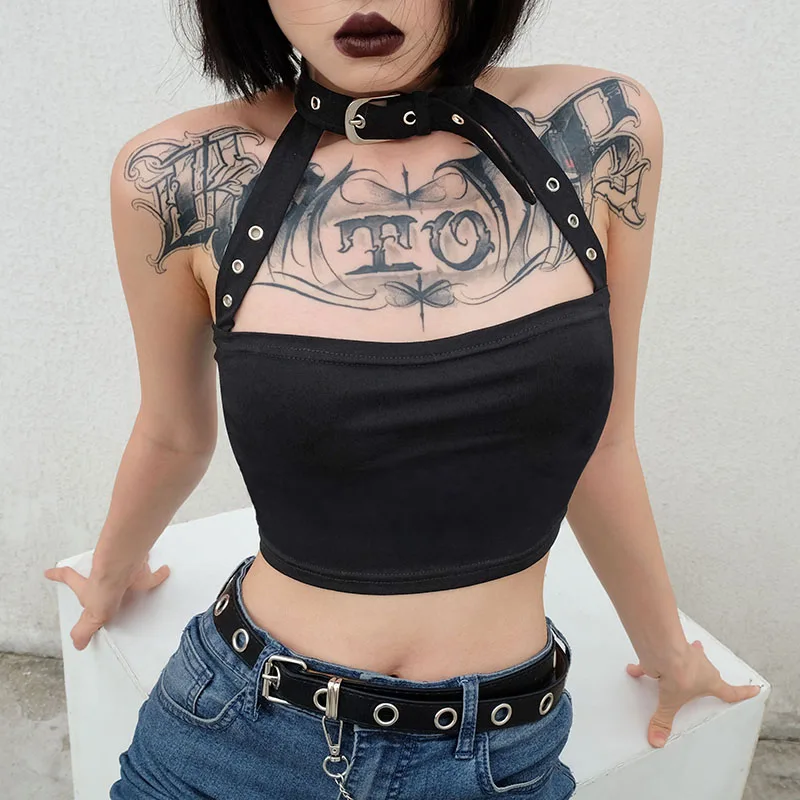 

Harajuku Women Summer Black Gothic Tank Tops Sleeveless Short Vest With Necklace Cropped Tops Sexy Ladies Halter Camis