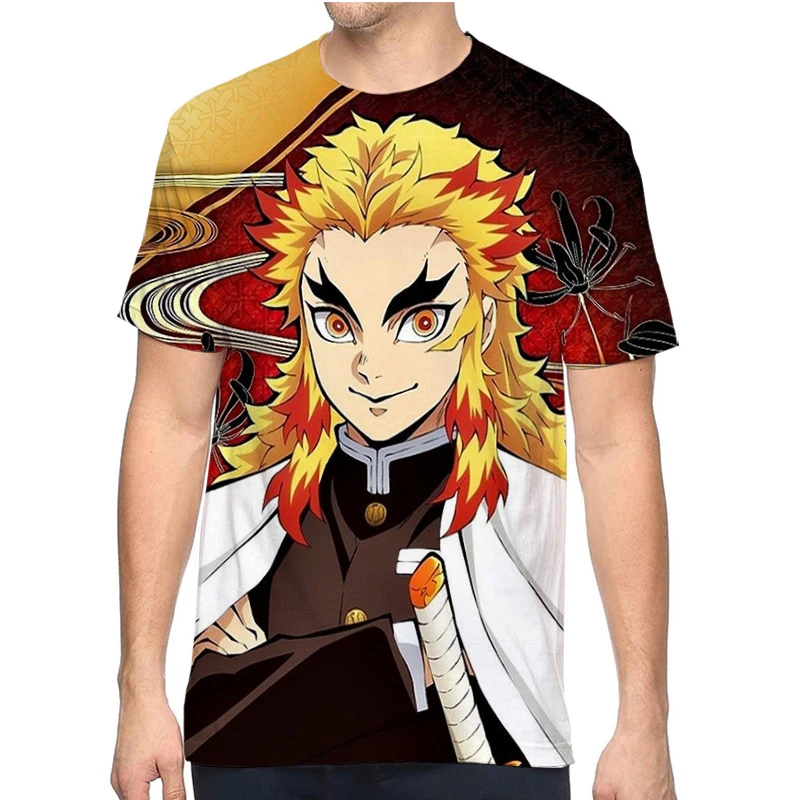 

New Demon Slayer Fashion Men's T-shirt Rengoku Kyoujurou Print With Short Sleeves Custom Clothing Short T-shirt Casual Clothes
