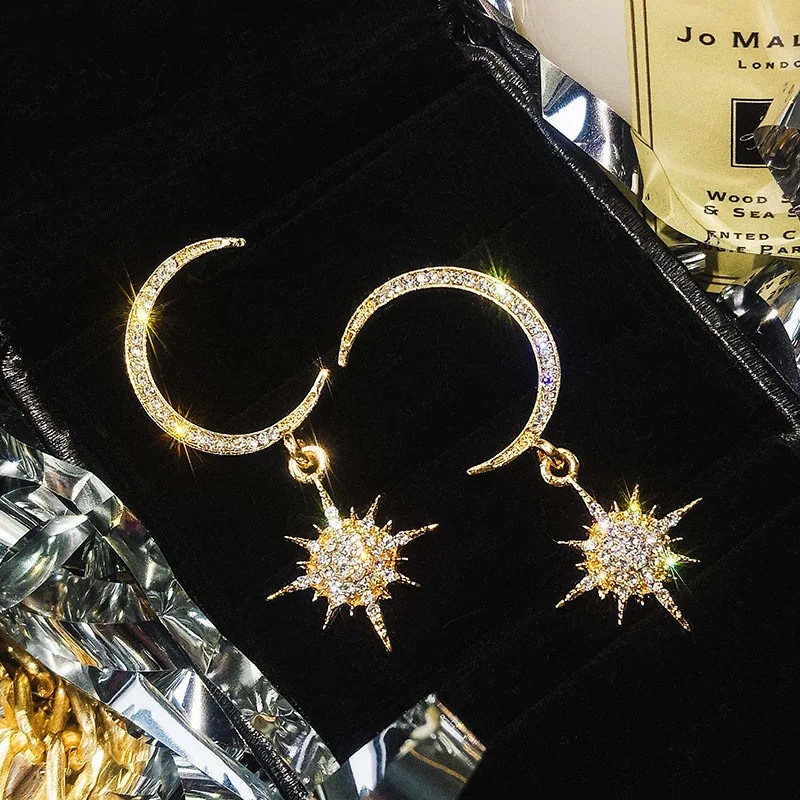 Модные Асимметричные комбинированные длинные серьги Sun God Moon с кристаллами для