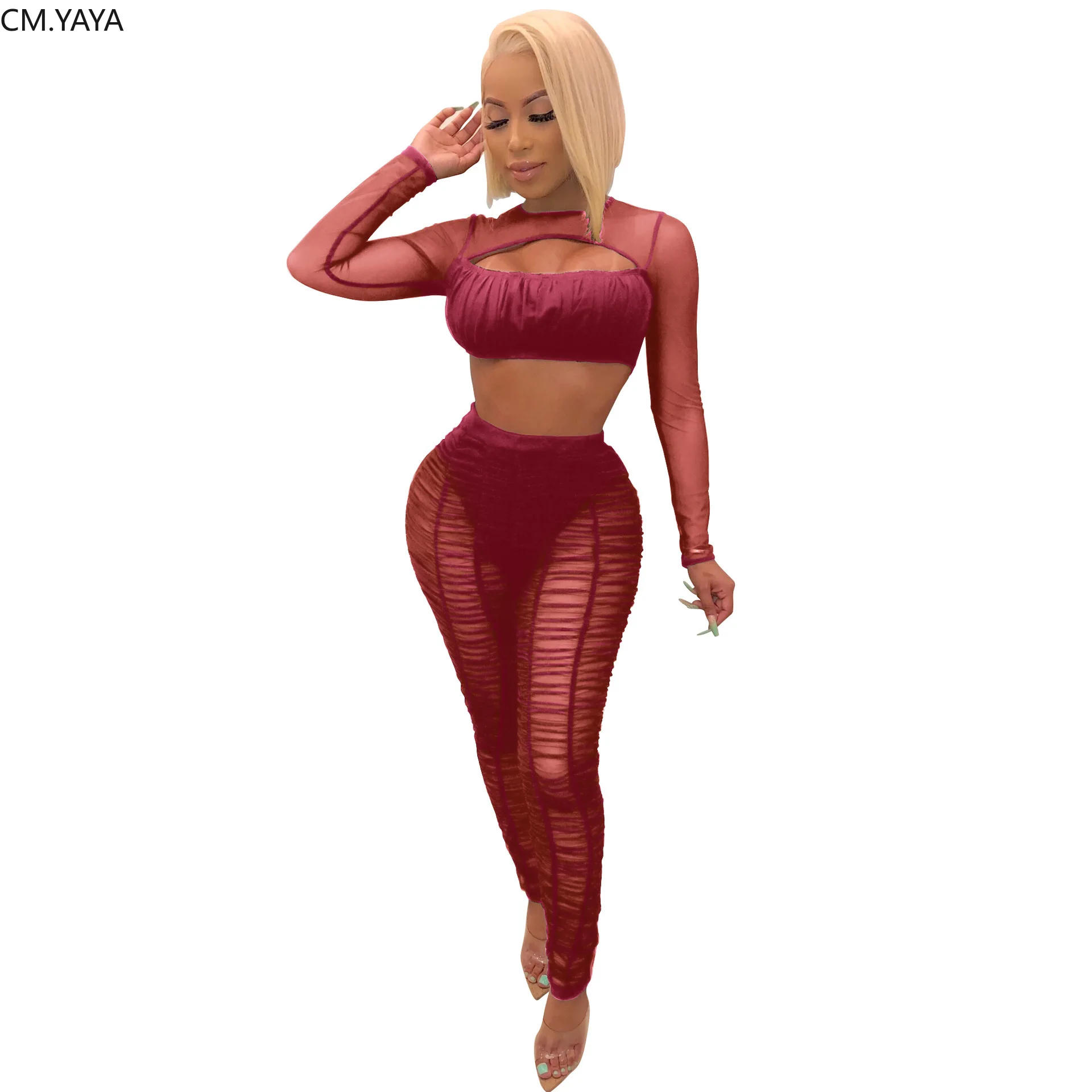 Женский костюм двойка с драпировкой и длинным рукавом сетчатый укороченный топ