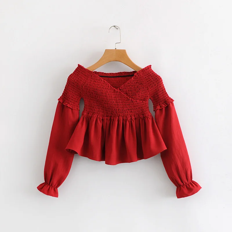 Новая модная женская Красная Эластичная блузка с открытыми плечами рубашки
