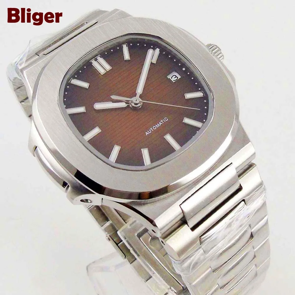 

Bliger 40 мм Miyota 8215 Роскошные автоматические наручные часы для мужчин металлический браслет закат циферблат сапфировый кристалл матовый квадр...