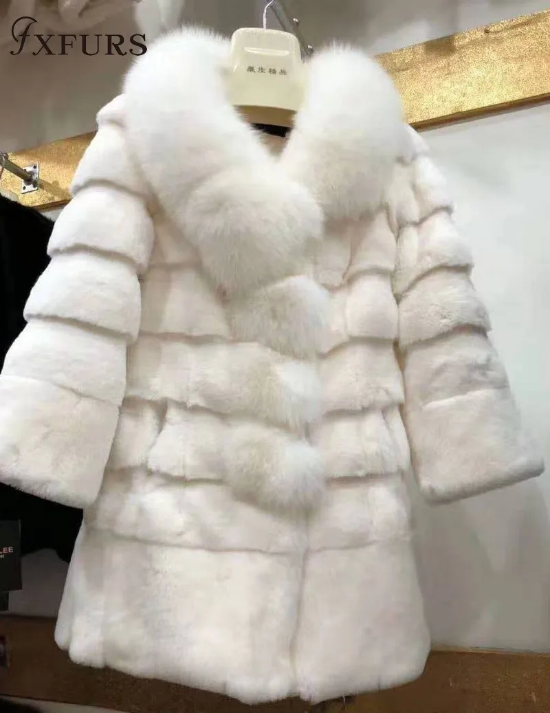 2020FXFURS New Winter Warm Rex Rabbit Fur Coats with Fox Fur Collars/Stripes Women Real Fur Jackets Long Overcoat Causal Russian