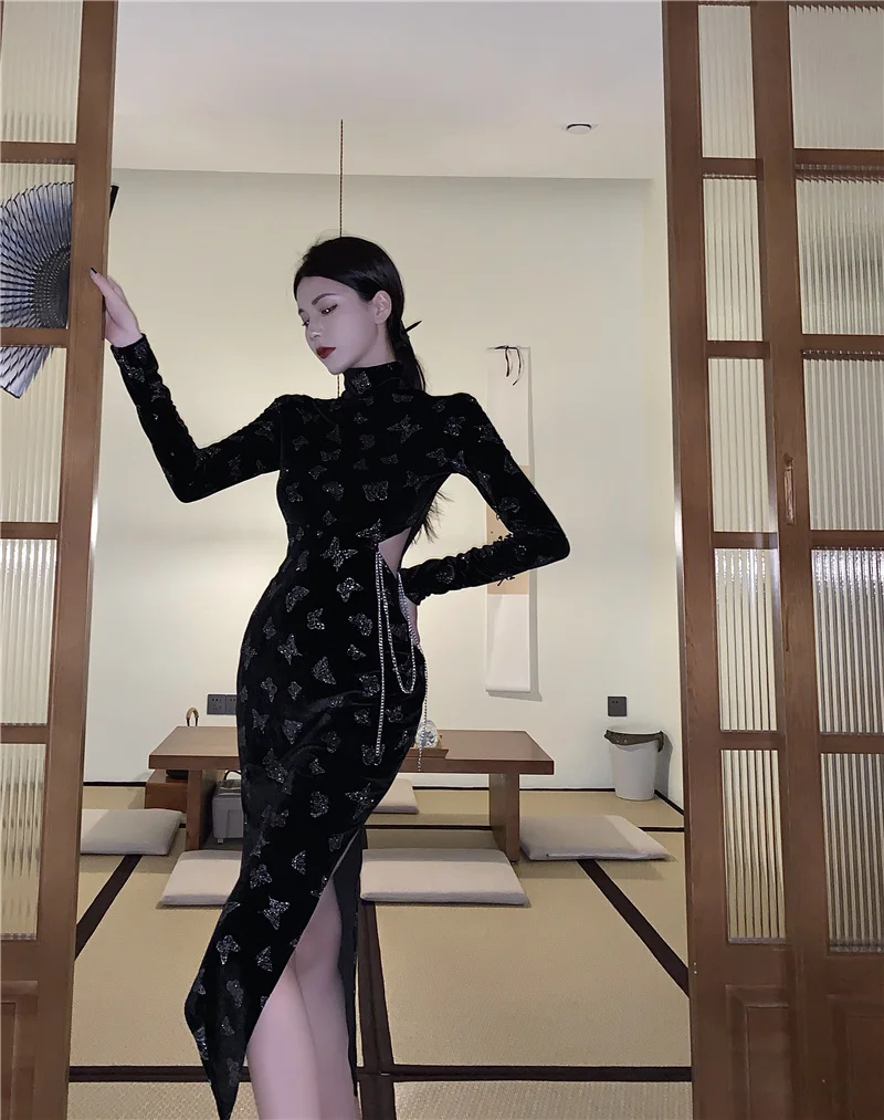 

Sexy cheongsam gold velvet dress early autumn 2021 new fashion temperament noble goddess slim slim long women's clothing