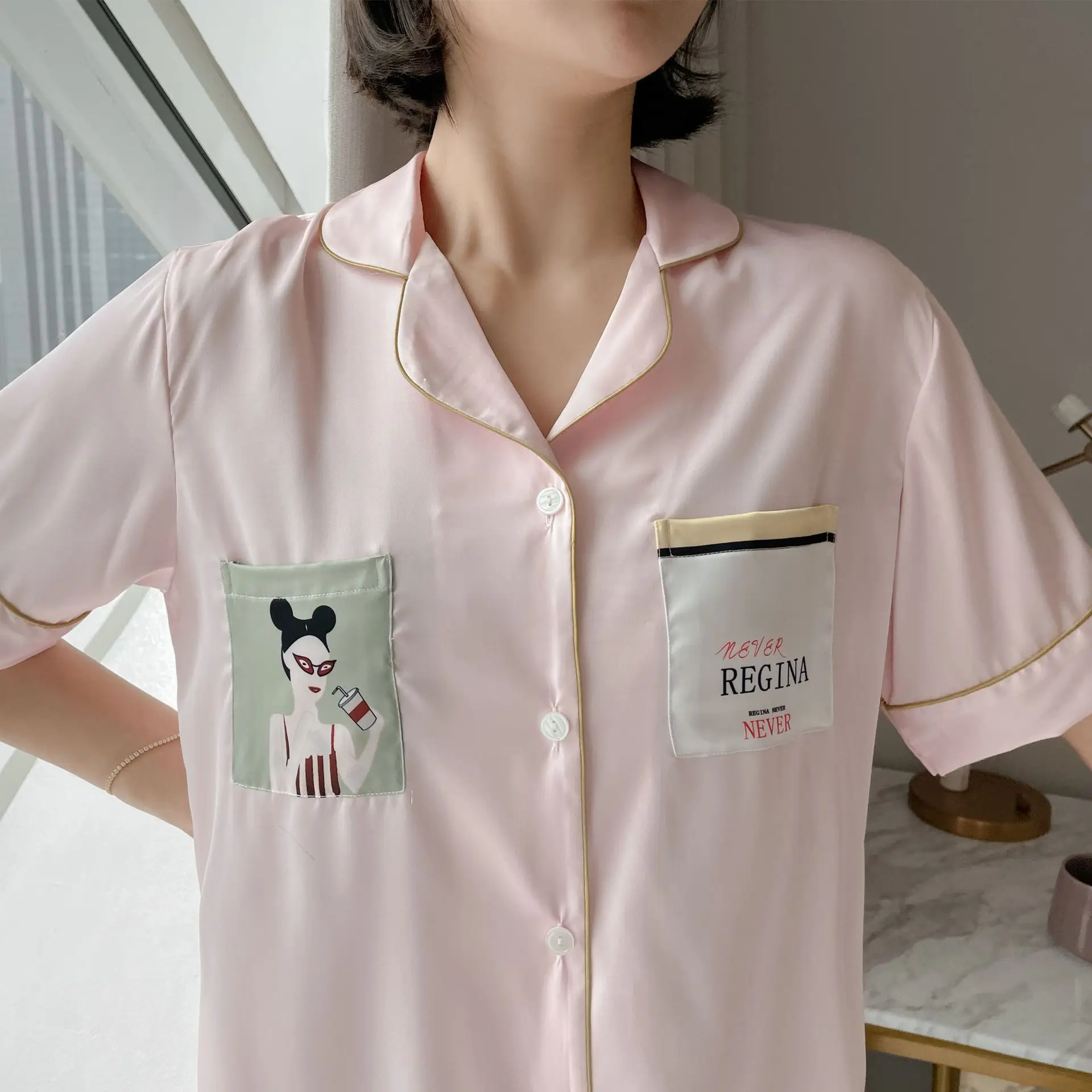

Sleepwear With Buttons Sexy Pajamas Cute Lovely Nightwear Printed Loose Intimate Lingerie Summer Casual 2PCS Shirt&Shorts Suit