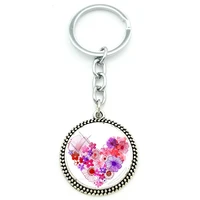 jweijiao fashion new flower love shaped glass cabochon keychain round glass gem pendant keychain keychain metal jewelry gift