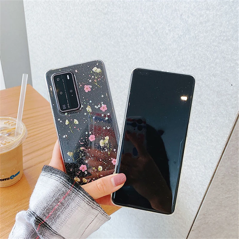Прозрачный чехол с блестками Real Dry Flower для Samsung Galaxy S20 Ultra S10 Plus A10 A20 A30 A50 A70 A51 A71