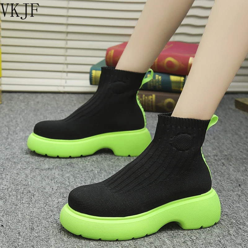 

2021 Autumn Elastic Knitting Sock Ankle Boots for Women Thick Heel Platform Short Boots Woman Mix Color Slip on Botas Mujer