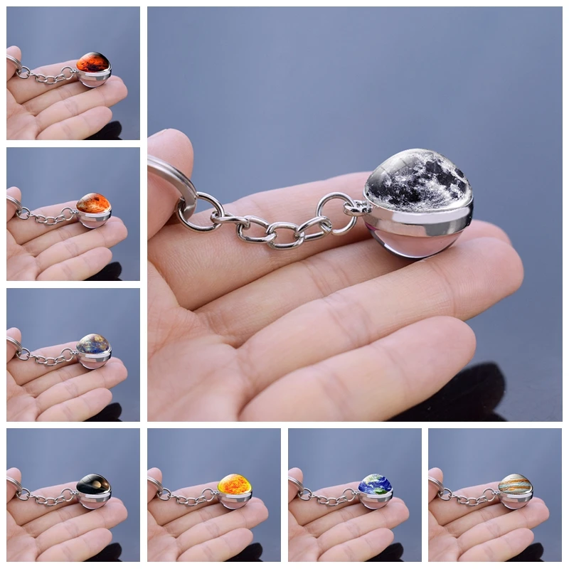 

Moon Earth Sun Mars Planet Keychain Keyring Double Side Glass Ball Universe Nebula Key Chain Ring Solar System Jewelry