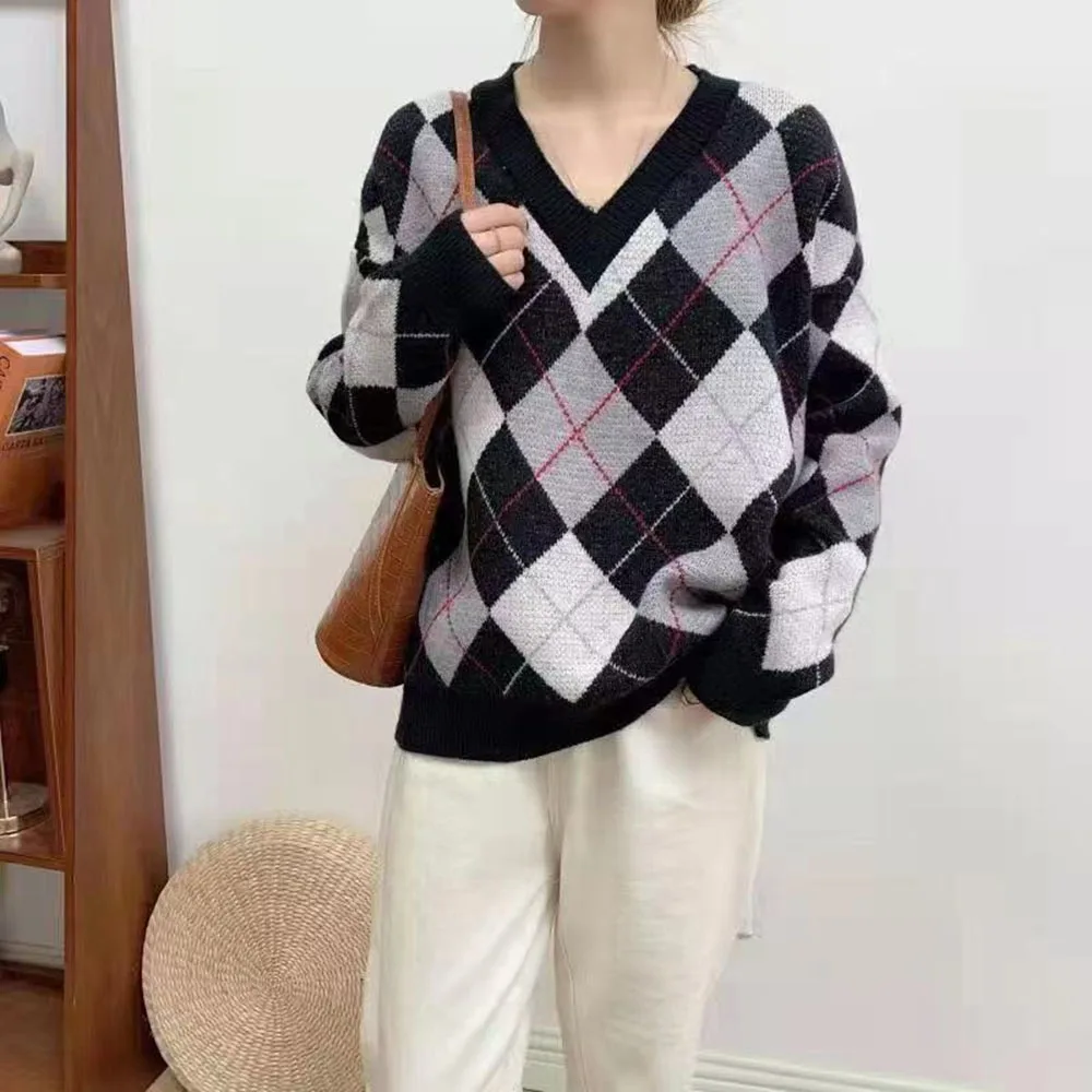 

Sweater Women Korean Lazy Style Retro Diamond Pullover Thick Loose Outer Wear Long-sleeved Sweet Temperament Knitted Top