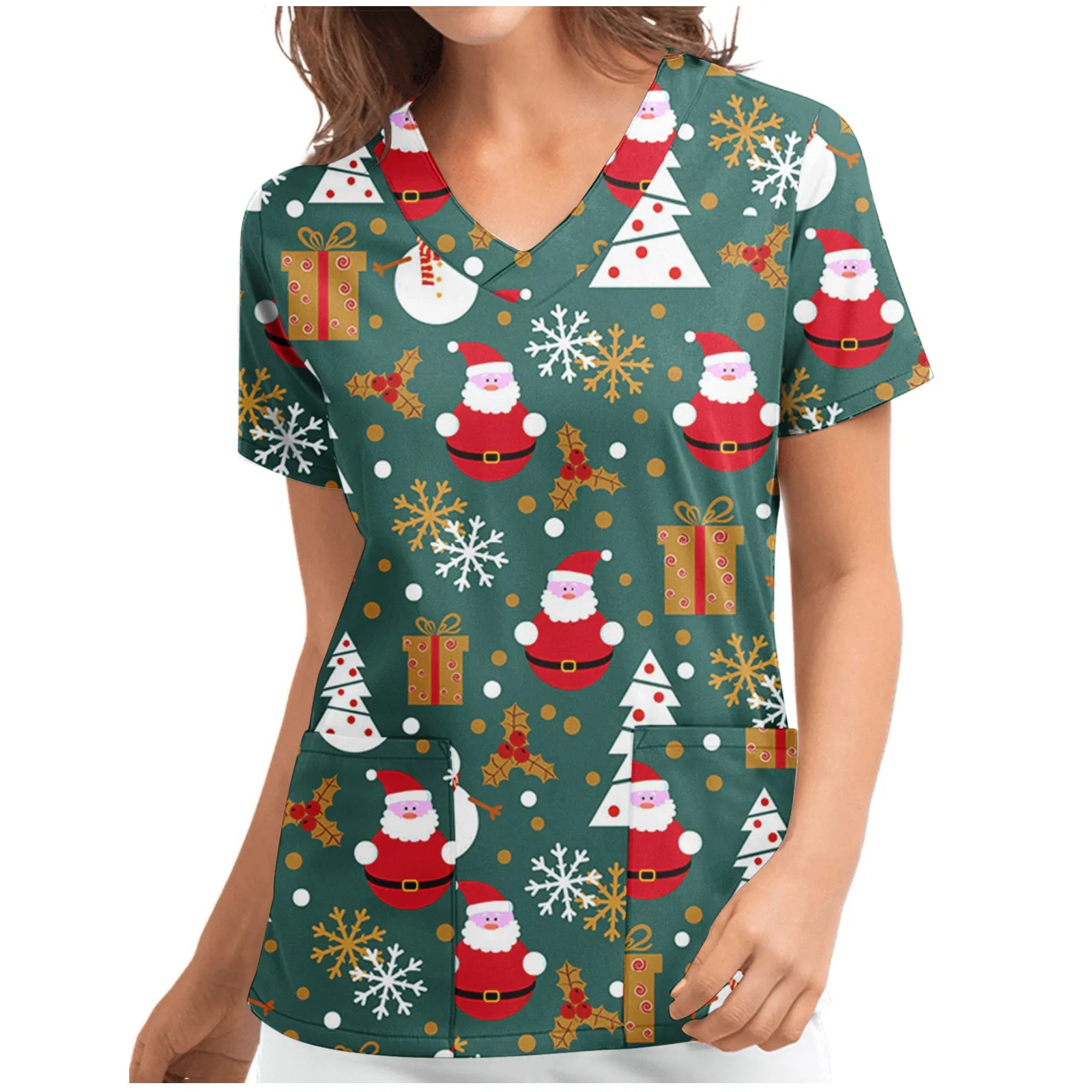 Christmas print V-neck short sleeves nurse Scrub Tops snowman Shirt Short Sleeve T-shirt Doctor beauty salon uniform |