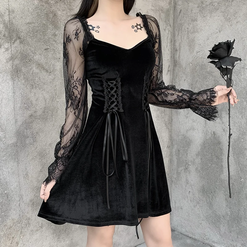 

Black Lace Long Sleeve Sexy Dress Women Corset Bandage Elegant Dress Lolita High Waist Party Velvet Dress Gothic Clothes 2021